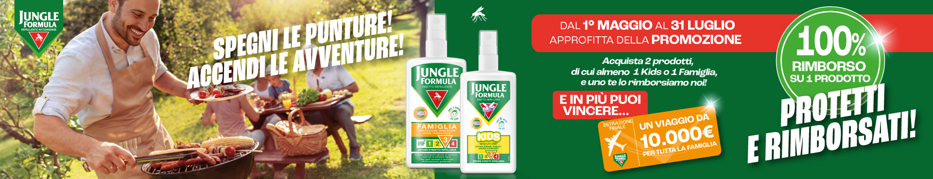Immagine desktop col titolo della meccanica Cashback e Concorso Jungle Formula Protetti e Rimborsati. Con l'acquisto di 2 prodotti Jungle Formula di cui almeno 1 della inea Family oppure Kids e ricevi il rimborso. Inoltre partecipi all'estrazione finale di un fantastico viaggio a scelta.