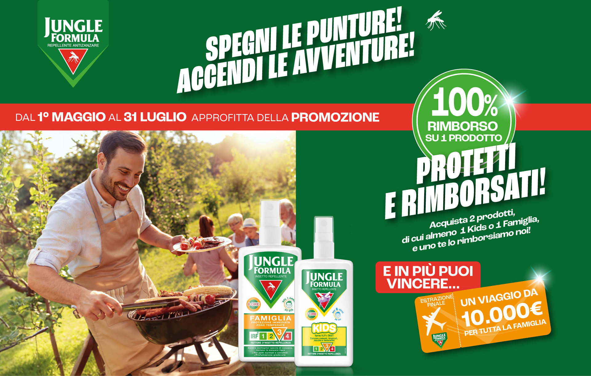 Immagine desktop col titolo della meccanica Cashback e Concorso Jungle Formula Protetti e Rimborsati. Con l'acquisto di 2 prodotti Jungle Formula di cui almeno 1 della inea Family oppure Kids e ricevi il rimborso. Inoltre partecipi all'estrazione finale di un fantastico viaggio a scelta.