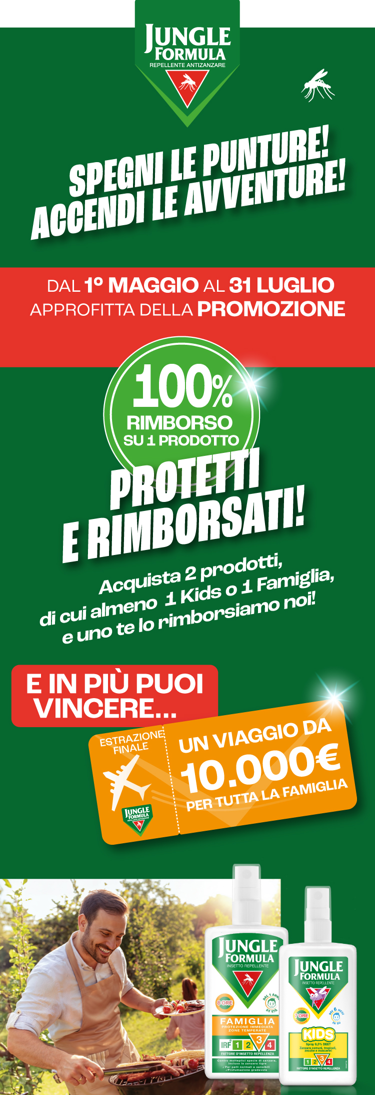 Immagine desktop col titolo della meccanica Cashback e Concorso Jungle Formula Protetti e Rimborsati. Con l'acquisto di 2 prodotti Jungle Formula di cui almeno 1 della inea Family oppure Kids e ricevi il rimborso. Inoltre partecipi all'estrazione finale di un fantastico viaggio a scelta.